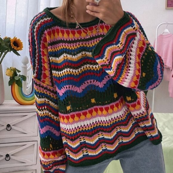 Sweaters - boho Multi color Open Knit Colorblock Sweater
